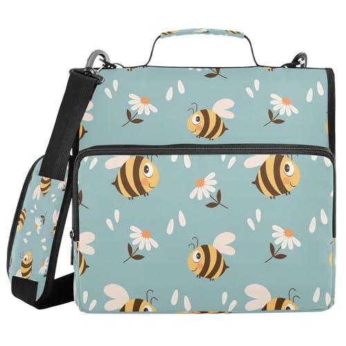 Kcldeci 3-Ringbuch mit süßem Bienen- und Kamille-Motiv, mit Reißverschluss, 500 Blatt, 3,8 cm, Bindertasche mit Schultergurt, Dokumentenaufbewahrung für Schule und Büro von Kcldeci