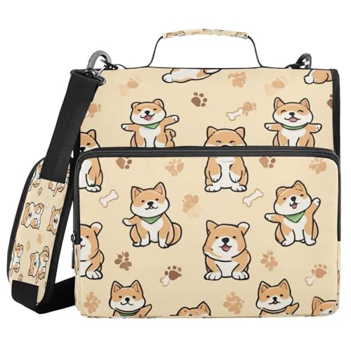 Kcldeci Aktenordner mit niedlichem Shiba Inu Hundemuster, 3 Ringe, 3,8 cm, Reißverschluss, 500 Blatt, Organizer mit Schultergurt, Fächermappe für Schule und Büro von Kcldeci