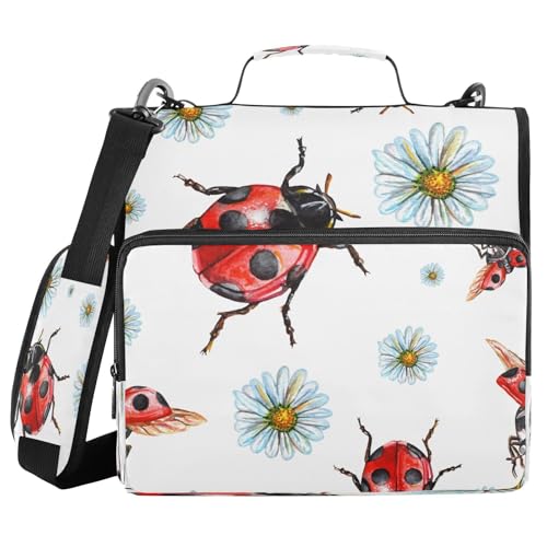 Kcldeci Aquarell-Marienkäfer und Kamille, 3 Ringe, 3,8 cm Reißverschluss, 500 Blatt, Trapperhalter, Organizer, Ordnertasche mit Schultergurt, Fächermappen für Schule und Büro von Kcldeci