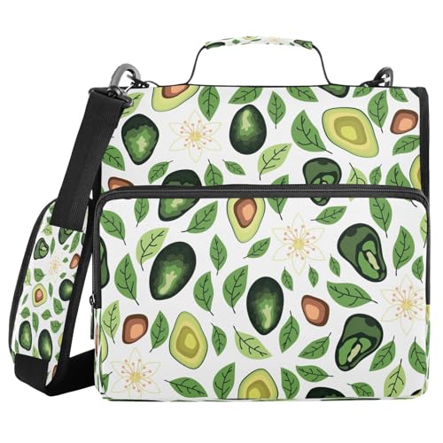Kcldeci Avocado mit Blättern und Blumen, 3 Ringe, 3,8 cm Reißverschluss, 500 Blatt, Trapperhalter, Organizer, Ordnertasche mit Schultergurt, Fächermappen für Schule und Büro von Kcldeci