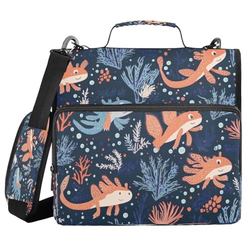 Kcldeci Axolotls Aktenordner mit 3 Ringen, 3,8 cm, Reißverschluss, 500 Blatt, Organizer mit Schultergurt, Fächermappe für Schule und Büro von Kcldeci