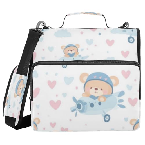 Kcldeci Bear Flugzeug-Ordner mit 3 Ringen, 3,8 cm Reißverschluss, 500 Blatt, Trapperhalter, Organizer, Tasche mit Schultergurt, Fächermappen für Schule und Büro von Kcldeci