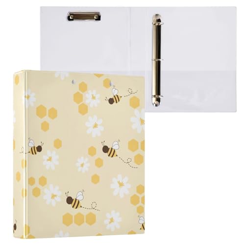 Kcldeci Bee Cartoons und weiße Blume auf gelbem 3-Ringbuch, 1 Packung, Klemmbretter, Aktenordner mit 3,8 cm rundem Ring für Papier in Briefgröße, Hardcover-Ordner für Schule, Büro und Zuhause von Kcldeci
