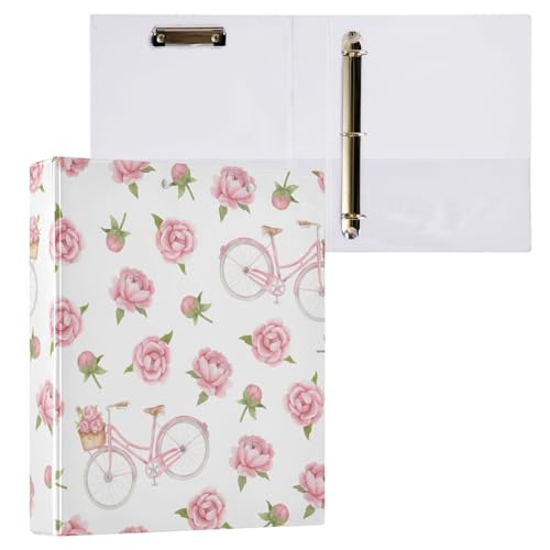 Kcldeci Bicycle and Peonies Ringbuch mit 3 Ringen, Klemmbretter mit 3,8 cm rundem Ring für Papier in Briefgröße, Hardcover-Ordner für Schule, Büro und Zuhause, 2 Stück von Kcldeci