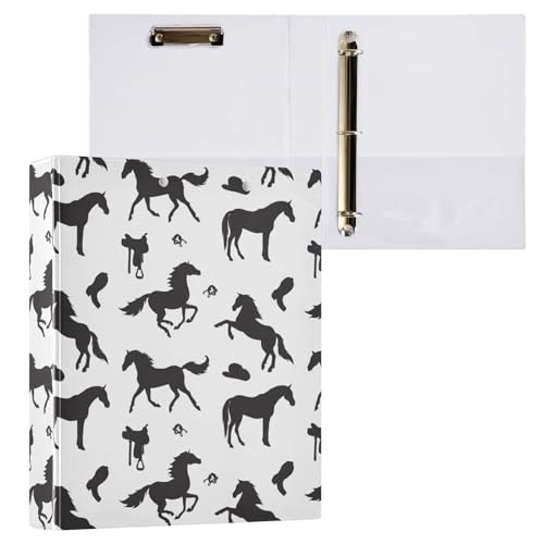 Kcldeci Black Horses and Cowboy Western 3-Ringbuch, 1 Packung, 3,8 cm, runder Ring für Papier in Briefgröße, Hardcover-Ordner für Schule, Büro und Zuhause von Kcldeci