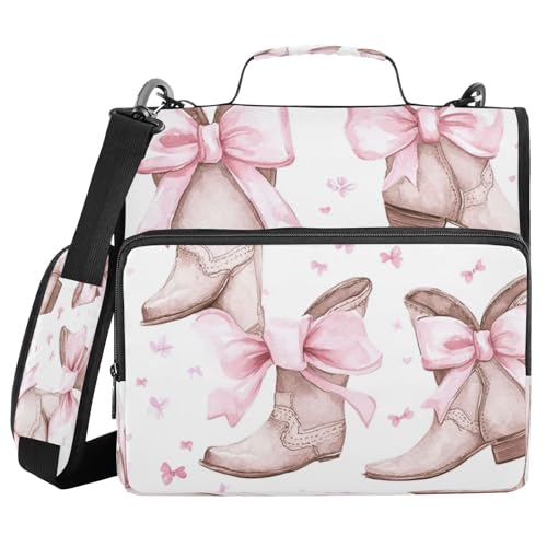 Kcldeci Bows, Cowgirl-Stiefel, 3 Ringe, 3,8 cm, Reißverschluss, 500 Blatt, Organizer, Ordnertasche mit Schultergurt, Fächermappen für Schule und Büro von Kcldeci