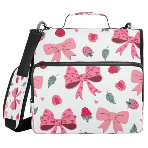 Kcldeci Bows Strawberry 3-Ringbuch mit Reißverschluss, 500 Blatt, Trapperhalter, Organizer, 3,8 cm, Bindertasche mit Schultergurt, Dokumentenaufbewahrung für Schule und Büro von Kcldeci