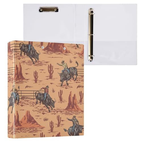 Kcldeci Bull Rodeo-Muster, nahtlos, 3 Ringordner, 1 Packung, 3,8 cm, runder Ring für Papier in Briefgröße, Hardcover-Ordner für Schule, Büro und Zuhause von Kcldeci