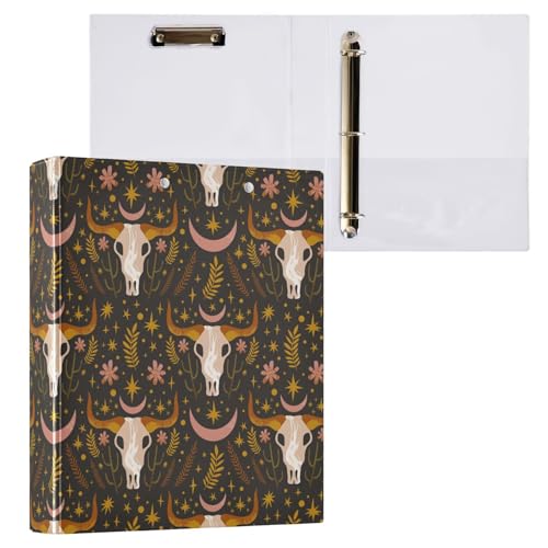 Kcldeci Bull Skull Skelett Western 3-Ringbuch 2 Stück, 3,8 cm runder Ring für Papier in Briefgröße, Hardcover-Ordner für Schule, Büro und Zuhause von Kcldeci