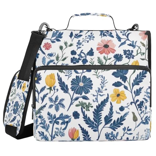 Kcldeci Bunte Wildblumen-Ordner mit 3 Ringen, 3,8 cm Reißverschluss, 500 Blatt, Organizer mit Schultergurt, Fächermappe für Schule und Büro von Kcldeci