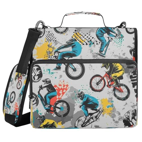 Kcldeci Bunter BMX Rider 3-Ring-Ordner mit Reißverschluss, 3,8 cm (1,5 Zoll), 500 Blatt, Trapper, Organizer, Ordnertasche mit Schultergurt, Fächermappe für Schule und Büro von Kcldeci
