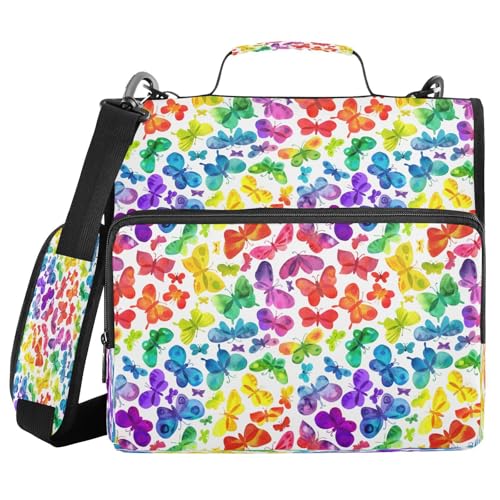 Kcldeci Bunter Regenbogen-Schmetterlinge, Aquarell, Schmetterlinge, Motten, 3 Ringe, 3,8 cm Reißverschluss, 500 Blatt, Trapperhalter, Organizer, Ordnertasche mit Schultergurt, Fächermappen für Schule von Kcldeci