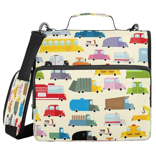 Kcldeci Cartoon-Auto-Spielzeug-Autos, 3 Ringe, 3,8 cm Reißverschluss, 500 Blatt, Trapperhalter, Organizer, Tasche mit Schultergurt, Fächermappen für Schule und Büro von Kcldeci