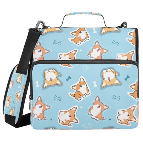 Kcldeci Cartoon-Corgi-Hunde-Ordner mit 3 Ringen, 3,8 cm Reißverschluss, 500 Blatt, Trapperhalter, Organizer, Ordnertasche mit Schultergurt, Fächermappen für Schule und Büro, Blau von Kcldeci