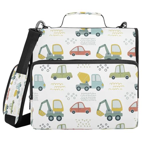 Kcldeci Cartoon-Fahrzeuge, niedliche Autos und LKWs, 3-Ringbuch mit Reißverschluss, 500 Blatt, 3,8 cm, Ordnertasche mit Schultergurt, Dokumentenaufbewahrung für Schule und Büro von Kcldeci