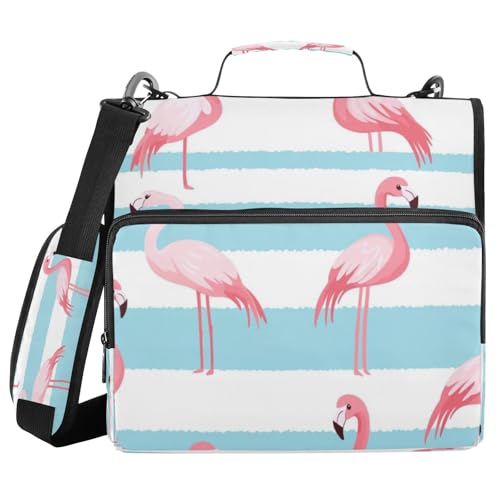 Kcldeci Cartoon-Flamingo-Muster, 3 Ringe, 3,8 cm Reißverschluss, 500 Blatt, Trapperhalter, Organizer, Tasche mit Schultergurt, Fächermappen für Schule und Büro von Kcldeci