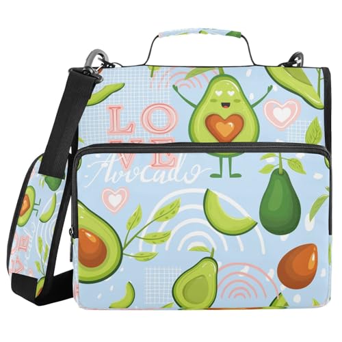 Kcldeci Cartoon Fruits Love Avocado 3-Ring-Ordner mit Reißverschluss, 3,8 cm, 500 Blatt, Trapperhalter, Organizer, Ordnertasche mit Schultergurt, Fächermappen für Schule und Büro von Kcldeci