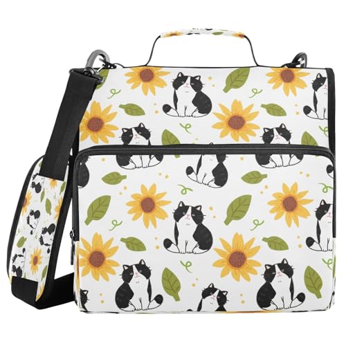 Kcldeci Cartoon-Katze, Sonnenblume und Blätter, 3 Ringe, 3,8 cm Reißverschluss, 500 Blatt, Trapperhalter, Organizer, Tasche mit Schultergurt, Fächermappe für Schule und Büro von Kcldeci