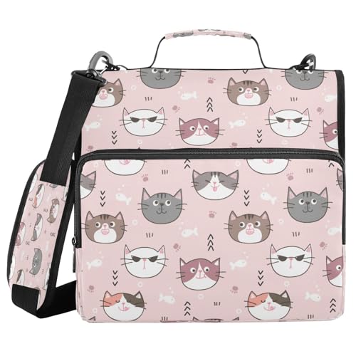 Kcldeci Cartoon-Katzengesicht-Reißverschluss, 500 Blatt, Trapper-Organizer, 3,8 cm, 3-Ringbuch-Tasche mit Schultergurt, erweiterbarer Aktenordner für Schule und Büro von Kcldeci