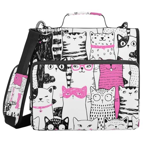 Kcldeci Cartoon-Katzenmuster, 3 Ringe, 3,8 cm Reißverschluss, 500 Blatt, Trapperhalter, Organizer, Tasche mit Schultergurt, Fächermappe für Schule und Büro von Kcldeci