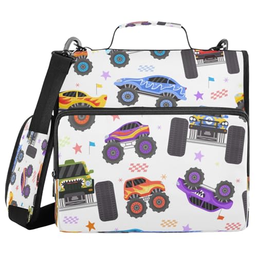 Kcldeci Cartoon Monster Trucks Racing Cars 3-Ringbuch mit Reißverschluss, 500 Blatt, Trapperhalter, Organizer, 3,8 cm, Bindertasche mit Schultergurt, Dokumentenaufbewahrung für Schule und Büro von Kcldeci