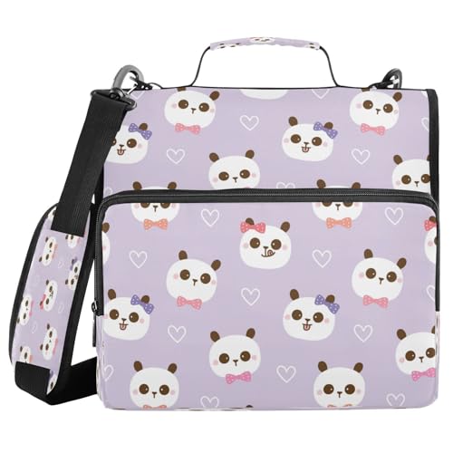 Kcldeci Cartoon-Panda-Gesicht und Herz, Reißverschluss, 500 Blatt, Trapperhalter, Organizer, 3,8 cm, 3-Ringbuch-Tasche mit Schultergurt, erweiterbarer Aktenordner für Schule und Büro von Kcldeci