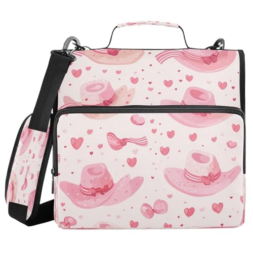 Kcldeci Cowgirl-Hüte, Schleife, 3 Ringe, 3,8 cm, Reißverschluss, 500 Blatt, Organizer, Tasche mit Schultergurt, Fächermappe für Schule und Büro, Rosa von Kcldeci
