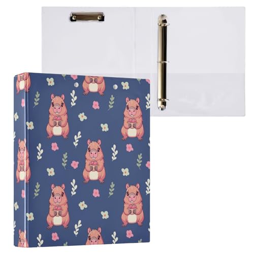 Kcldeci Cute Capybara Juicy Strawberry 3-Ringbuch, 2 Stück, 3,8 cm runder Ring für Papier in Briefgröße, Hardcover-Ordner für Schule, Büro und Zuhause von Kcldeci