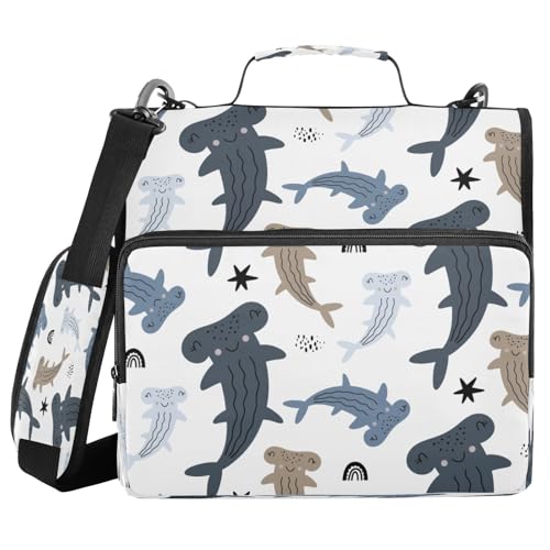 Kcldeci Cute Sharks 3-Ringbuch mit Reißverschluss, 500 Blatt, Trapperhalter, Organizer, 3,8 cm, Bindertasche mit Schultergurt, Dokumentenaufbewahrung für Schule und Büro von Kcldeci