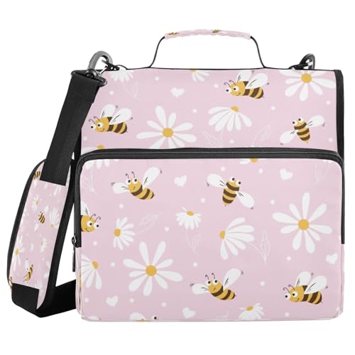 Kcldeci Daisy and Bee Ordner mit 3 Ringen, 3,8 cm Reißverschluss, 500 Blatt Trapper, Organizer, Ordnertasche mit Schultergurt, Fächermappen für Schule und Büro von Kcldeci