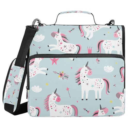 Kcldeci Einhorn-Ordner mit 3 Ringen, 3,8 cm Reißverschluss, 500 Blatt, Trapperhalter, Organizer, Tasche mit Schultergurt, Fächermappen für Schule und Büro von Kcldeci