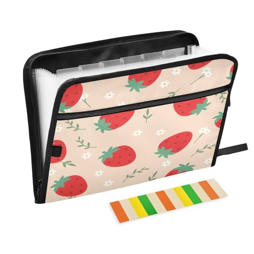 Kcldeci Fächermappe mit Erdbeerblüten und Blättern, 13 Fächer, Akkordeon-Ordner, A4, Briefgröße, Papier, Dokumente, Quittungen, Organizer, Akkordean-Aktenordner für Klassenzimmer, Zuhause, Büro und von Kcldeci