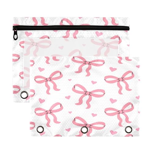Kcldeci Federmäppchen mit 3 Ringen, rosa Schleifen und Herzen, Federmäppchen mit Reißverschluss, für 3 Ringbücher, Federmäppchen mit transparentem Fenster, für Bürobedarf, 2 Stück von Kcldeci