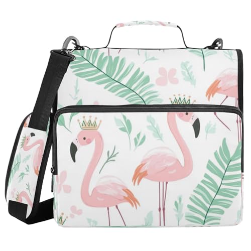 Kcldeci Flamingos Palm 3-Ring-Ordner mit Reißverschluss, 3,8 cm, 500 Blatt, Trapper, Organizer, Ordnertasche mit Schultergurt, Fächermappen für Schule und Büro von Kcldeci