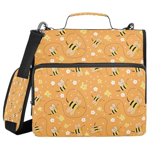 Kcldeci Floral Bees 3-Ring-Ordner mit Reißverschluss, 3,8 cm, 500 Blatt, Trapperhalter, Organizer, Tasche mit Schultergurt, Fächermappen für Schule und Büro von Kcldeci