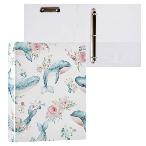 Kcldeci Hardcover 3-Ringbuch, niedliche Wale, Blumenmuster, 3,8 cm, runde Ringordner, Organizer, 200 Blatt für Büro/Zuhause/Schulanfang, 1 Stück von Kcldeci
