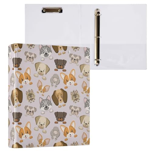 Kcldeci Hundegesichter verschiedener Rassen, 3 Ringordner, 2 Stück, 3,8 cm, runder Ring für Papier in Briefgröße, Hardcover-Ordner für Schule, Büro und Zuhause von Kcldeci