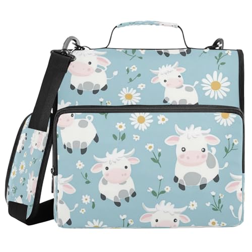 Kcldeci Kuhblumen-Ordner mit 3 Ringen, 3,8 cm Reißverschluss, 500 Blatt, Papier-Organizer, Ordnertasche mit Schultergurt, Fächermappen für Schule und Büro von Kcldeci