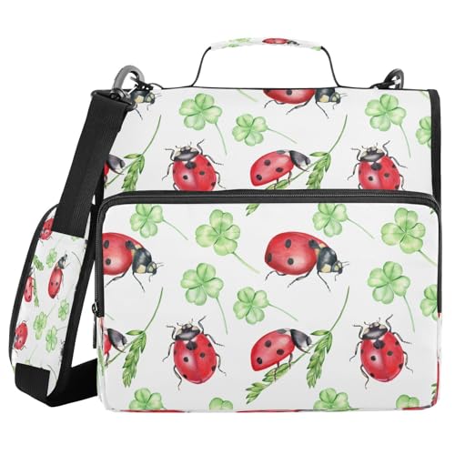 Kcldeci Ladybeetle Bugs and Shamrock 3-Ring-Ordner mit Reißverschluss, 3,8 cm, 500 Blatt, Trapperhalter, Organizer, Ordnertasche mit Schultergurt, Fächermappe für Schule und Büro von Kcldeci