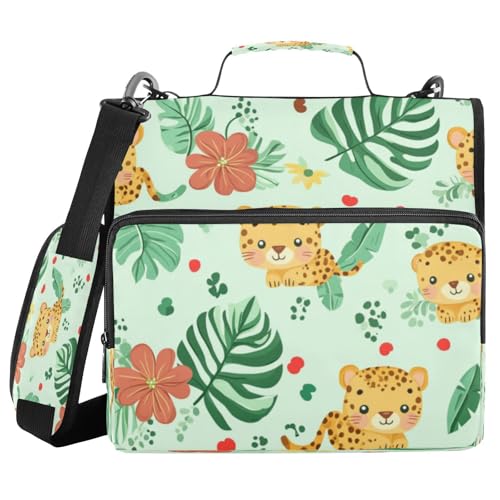 Kcldeci Leoparden-Bananenblätter, 3 Ringe, 3,8 cm Reißverschluss, 500 Blatt, Trapper, Organizer, Ordnertasche mit Schultergurt, Fächermappen für Schule und Büro von Kcldeci