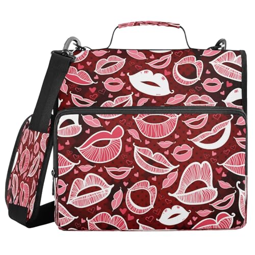 Kcldeci Love Lips Ordner mit Reißverschluss, 500 Blatt, 3,8 cm, 3-Ringbuch-Tasche mit Schultergurt, erweiterbarer Aktenordner für Schule und Büro von Kcldeci