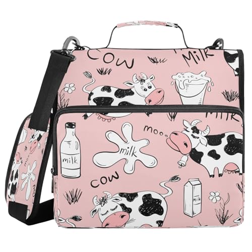 Kcldeci Lustige Kuh und Milch auf rosa 3 Ringen 3,8 cm Reißverschluss, 500 Blatt Trapperhalter, Organizer, Ordnertasche mit Schultergurt, Fächermappen für Schule und Büro von Kcldeci
