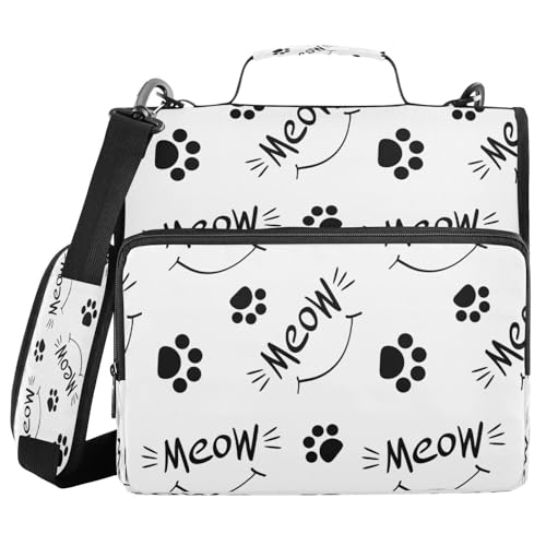 Kcldeci Meow Lettering Whiskers Smile Cat Paw Prints 3 Ring 3,8 cm Reißverschluss Ordner, 500 Blatt Trapper Keeper Organizer Binder Tasche mit Schultergurt, Fächermappe für Schule und Büro von Kcldeci