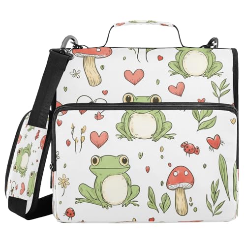 Kcldeci Mushrooms and Hearts Frosch 3-Ring-Ordner mit Reißverschluss, 3,8 cm, 500 Blatt, Trapperhalter, Organizer, Ordnertasche mit Schultergurt, Fächermappe für Schule und Büro von Kcldeci