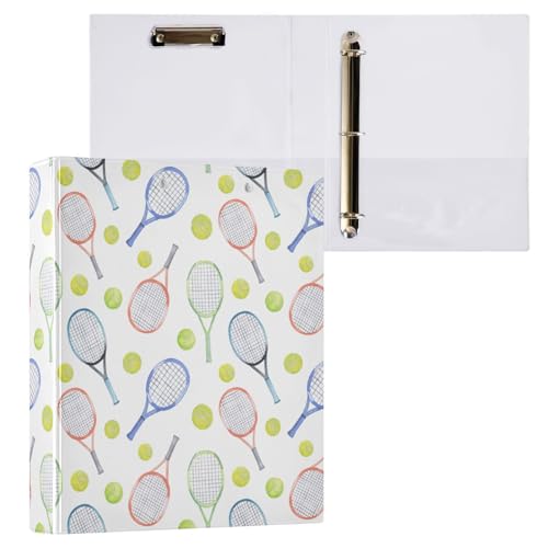 Kcldeci Muster mit Tennisschlägern, 3-Ringbuch, 2 Stück, Klemmbretter, Aktenordner mit 3,8 cm rundem Ring für Papier in Briefgröße, Hardcover-Ordner für Schule, Büro und Zuhause von Kcldeci