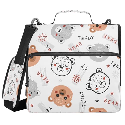 Kcldeci Niedliche Teddybären-Ordner mit 3 Ringen, 3,8 cm Reißverschluss, 500 Blatt, Trapperhalter, Organizer, Tasche mit Schultergurt, Fächermappe für Schule und Büro von Kcldeci