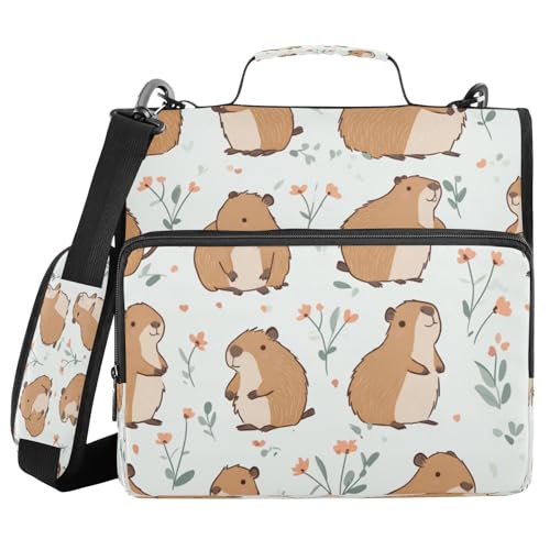 Kcldeci Niedliches Capybara-Blumenmuster, 3 Ringe, 3,8 cm Reißverschluss, 500 Blatt, Papier-Organizer, Ordnertasche mit Schultergurt, Fächermappe für Schule und Büro von Kcldeci