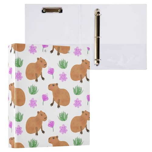 Kcldeci Niedliches Capybara mit Blumen, 3 Ringordner, 3,8 cm, runder Ring für Briefpapier, Hardcover-Ordner für Schule, Büro und Zuhause, 2 Stück von Kcldeci