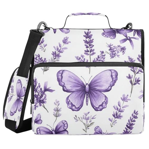 Kcldeci Ordner mit 3 Ringen, Lavendelblumen, Schleifen, Schmetterling, 3,8 cm, Reißverschluss, 500 Blatt, Papier-Organizer mit Schultergurt, Fächermappe für Schule und Büro von Kcldeci