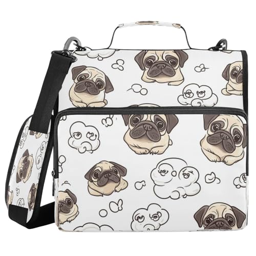 Kcldeci Ordner mit Mops mit Gedankenblasen, 3 Ringe, 3,8 cm, Reißverschluss, 500 Blatt, Organizer mit Schultergurt, Fächermappen für Schule und Büro von Kcldeci